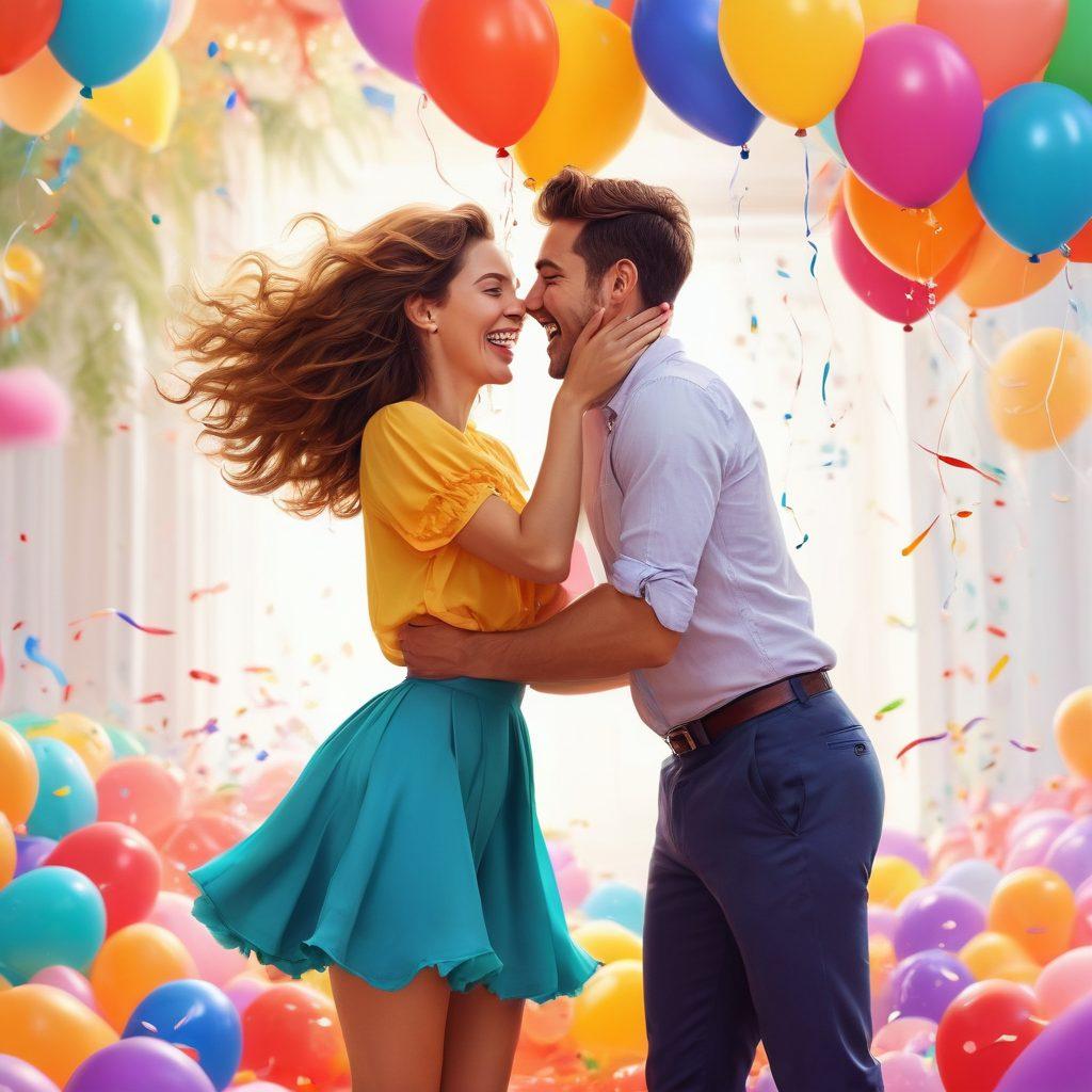 A whimsical scene featuring a playful cartoon couple sharing a laugh, surrounded by vibrant, colorful balloons and soft, flowing fabrics that suggest sensuality. A humorous twist with exaggerated expressions, a playful atmosphere including tickling feathers and confetti falling around them, emphasizing joy and intimacy. Bright colors with a touch of cheekiness to highlight the humorous aspect. vibrant colors. cartoon style.