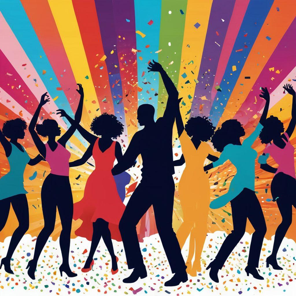 A vibrant and playful illustration depicting a lively adult entertainment scene, featuring colorful abstract shapes and silhouettes of people joyfully dancing and engaging in playful activities. Incorporate elements of whimsy, like oversized props and confetti, to evoke a sense of fun and ecstasy. The background should be a burst of warm and inviting colors that radiate positivity. bright colors. playful illustration. abstract style.