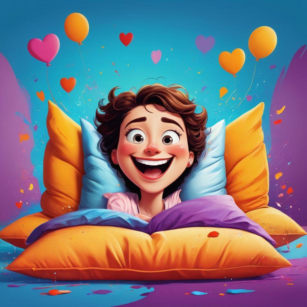 A whimsical scene depicting an expressive cartoon character transitioning from laughter to sensual joy, with vibrant colors splashing around. The backdrop features playful elements like oversized pillows and abstract love symbols, while the character playfully engages with these surroundings. The mood is light-hearted yet mature, embodying a blend of humor and allure. vector art. vibrant colors. playful style.